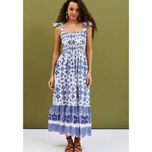 Zara Smocked Tie Strap Boho Linen Maxi Tiered Dress Grecian Print Size Large